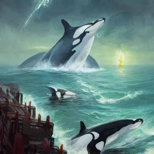 Prompt: orcas destroying ships, tentacles rising from the sea, magic the gathering art, art by greg rutkowski, fantasy rpg, league of legends