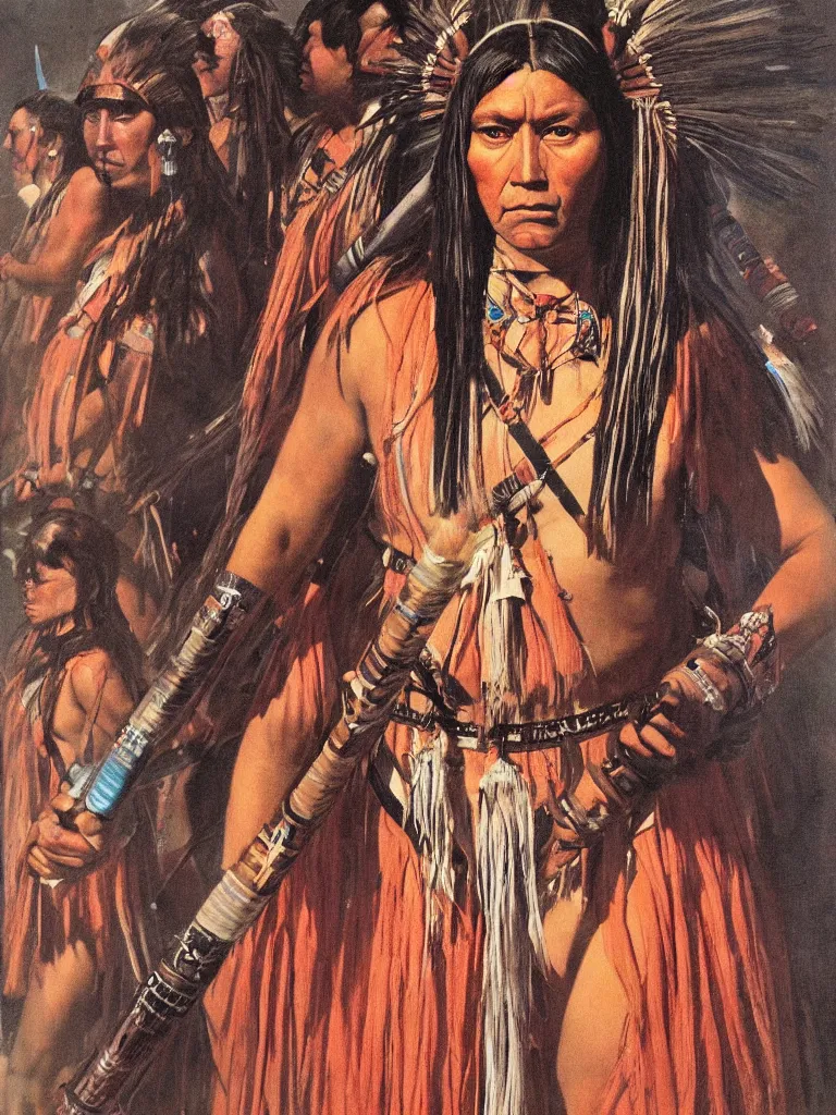 Image similar to portrait of Iroquois warrior princess souronded with the crowd of fighters in fighting pose , she holds light saber and looks directly into the camera, beautiful symmetrical face, big eyes, big lips, ornamental semi transparent robes, native rich jewelry