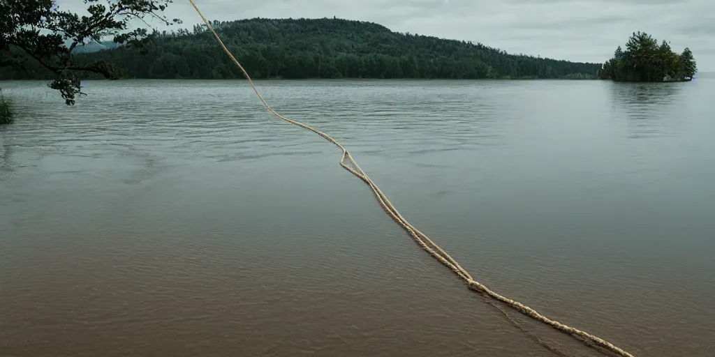 Prompt: centered photograph of a single line of big thick long rope tan floating on the surface stretching out to the center of the lake, a dark lake sandy shore on a cloudy day, color film, trees in the background, hyper - detailed colorful photo, anamorphic lens
