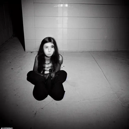 Prompt: An unprofessional photo of a cybernetic underage girl sitting on a dirty floor in the dark, camera flash, weird, scary, documentary photo