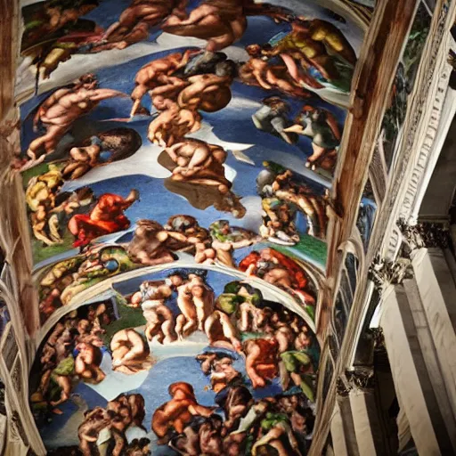 Prompt: sistine chapel, art depicting an alien space battle, canon 5 d, 5 0 mm zeiss lens