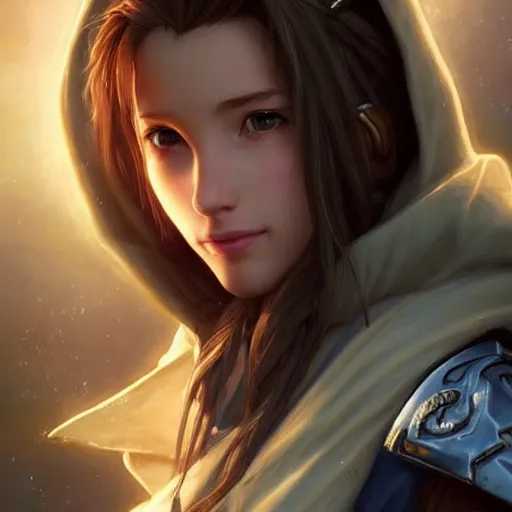 Image similar to aerith gainsborough in destiny warlock armor, wearing a hooded cloak, beautiful face!!!!, 2 7 years old, cg animation, realistic, character select portrait, by artgerm, greg rutkowski, alphonse mucha, 3 d