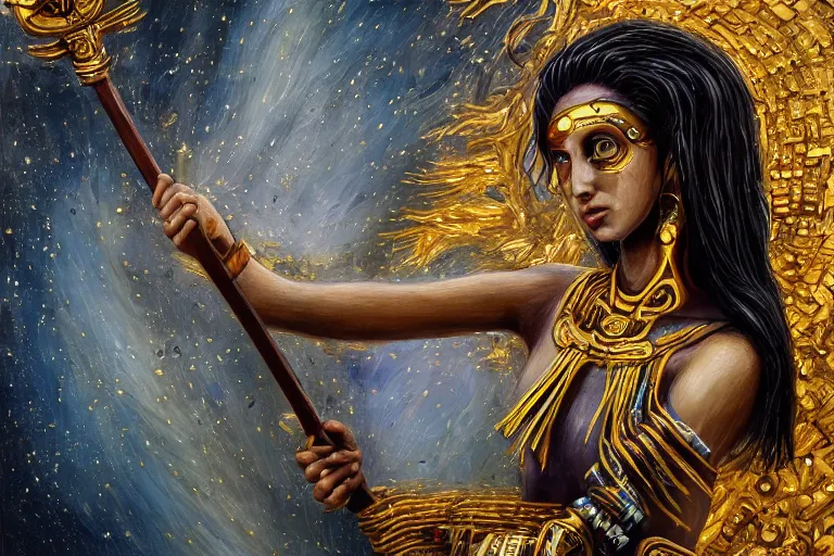 Image similar to Goddess of life itself with a scythe, dark Goddess of artificial intelligence creating an artificial neural network with gold synapses on an anvil with his scythe, high resolution, award winning art, trending on art station, sharp image, incredibly detailed, detailed character, realistic painting, hyper-realistic painting, coherent painting, master piece by tzacotl avocatl