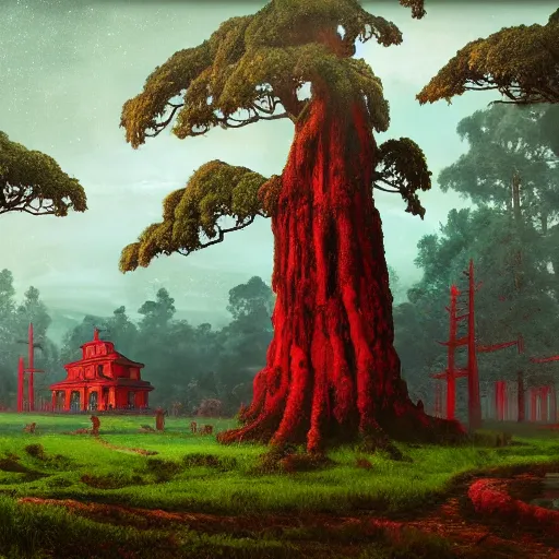 Image similar to red ancient temple between green fields with big trees, star trails, dramatic lighting, artstation, matte painting, caspar david friedrich, simon stalenhag
