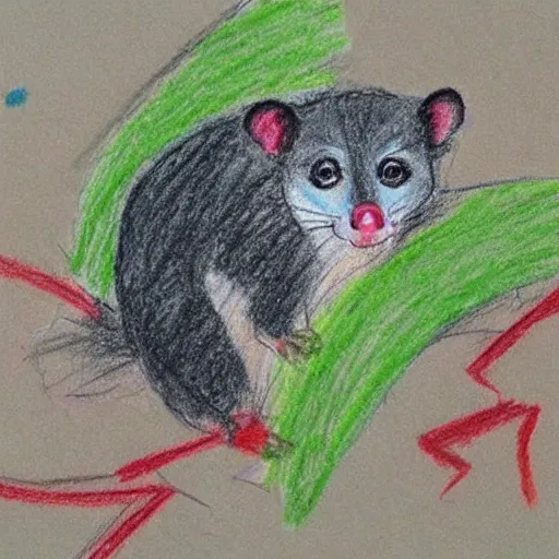 Prompt: a crayon drawing, made by an opossum, low quality low skill toddler's drawing.