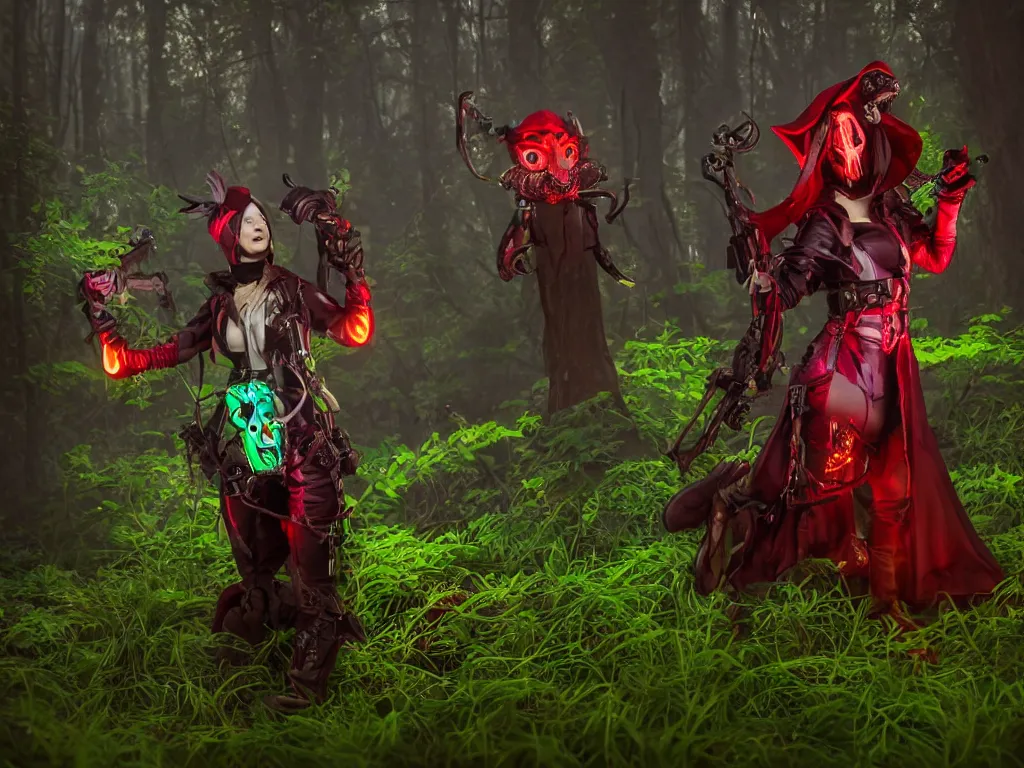 Prompt: mystical monsters in forest hunting on gamekeeper - red ridding hood. she wearing a steampunk and neonpunk mechanical fluorescent mystical animal masks. realistic fornite style. full body. product introduction photos. luminescent, elements, hyperrealistic, volumetric lighting. epic cinematic shot, perfectly defined features, ambient occlusion