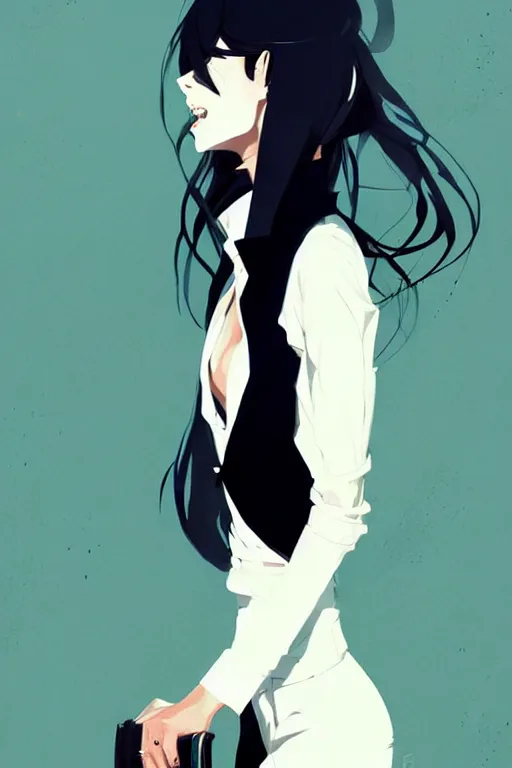 Image similar to a ultradetailed beautiful panting of a stylish woman, she is wearing a white shirt with a tie and black pants, by conrad roset, greg rutkowski and makoto shinkai trending on artstation