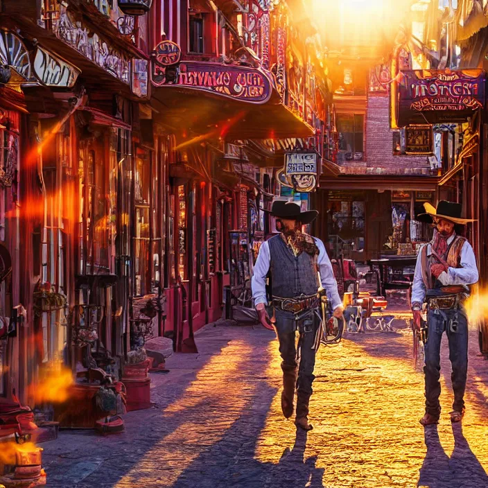 Image similar to a sunset light historical wild west village, duel between two cowboys, lots of sparkling details and sun ray's, blinding backlight, smoke, volumetric lighting, colorful, octane, 3 5 mm, saloon exterior, old town street, beautiful epic colored reflections, very colorful heavenly, softlight