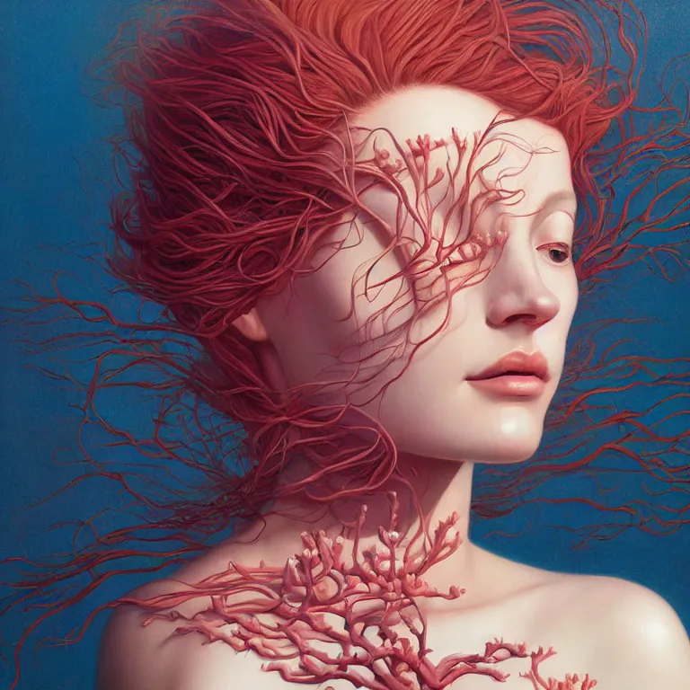 Image similar to portrait of woman with coral!! reef hair. soft light painted by james jean and moebius and erik jones, inspired by mary jane ansell, smooth face feature, intricate oil painting, high detail 3 d render, sharp high detail