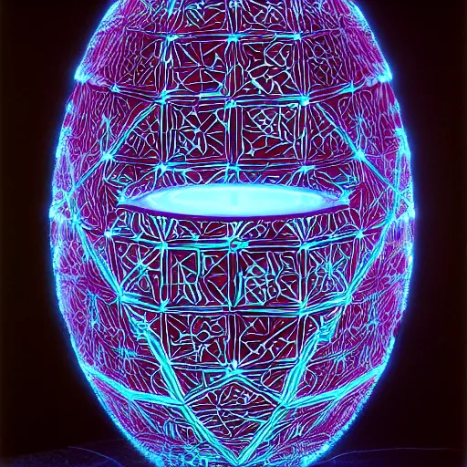 Image similar to annie liebowitz portrait of a plasma energy tron dinosaur egg in the shape of a dodecahedron made up of glowing electric plates and patterns. cinestill