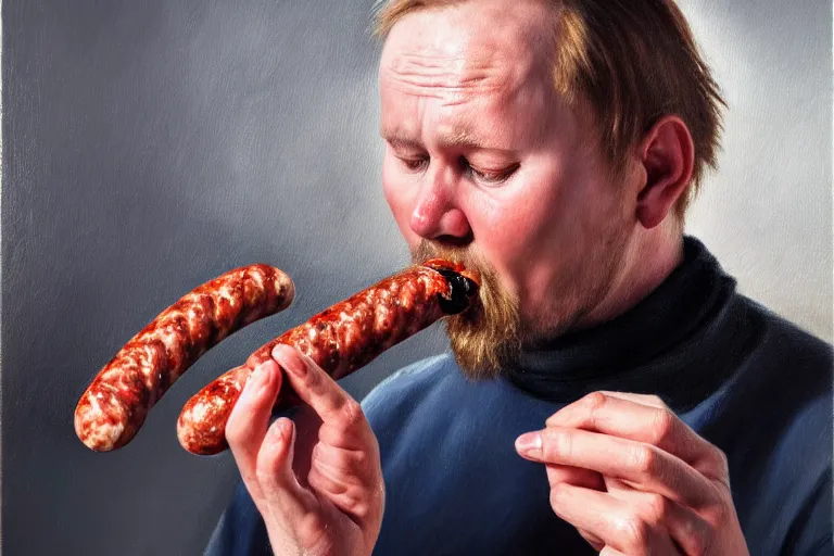 Image similar to ( ( a beautiful 8 k photorealistic masterpiece oil painting ) ( of ( a finnish man eating a sausage in seinajoki ) ) ) ( hyperrealism ) ( 1 6 k ) ( trending on artstation )