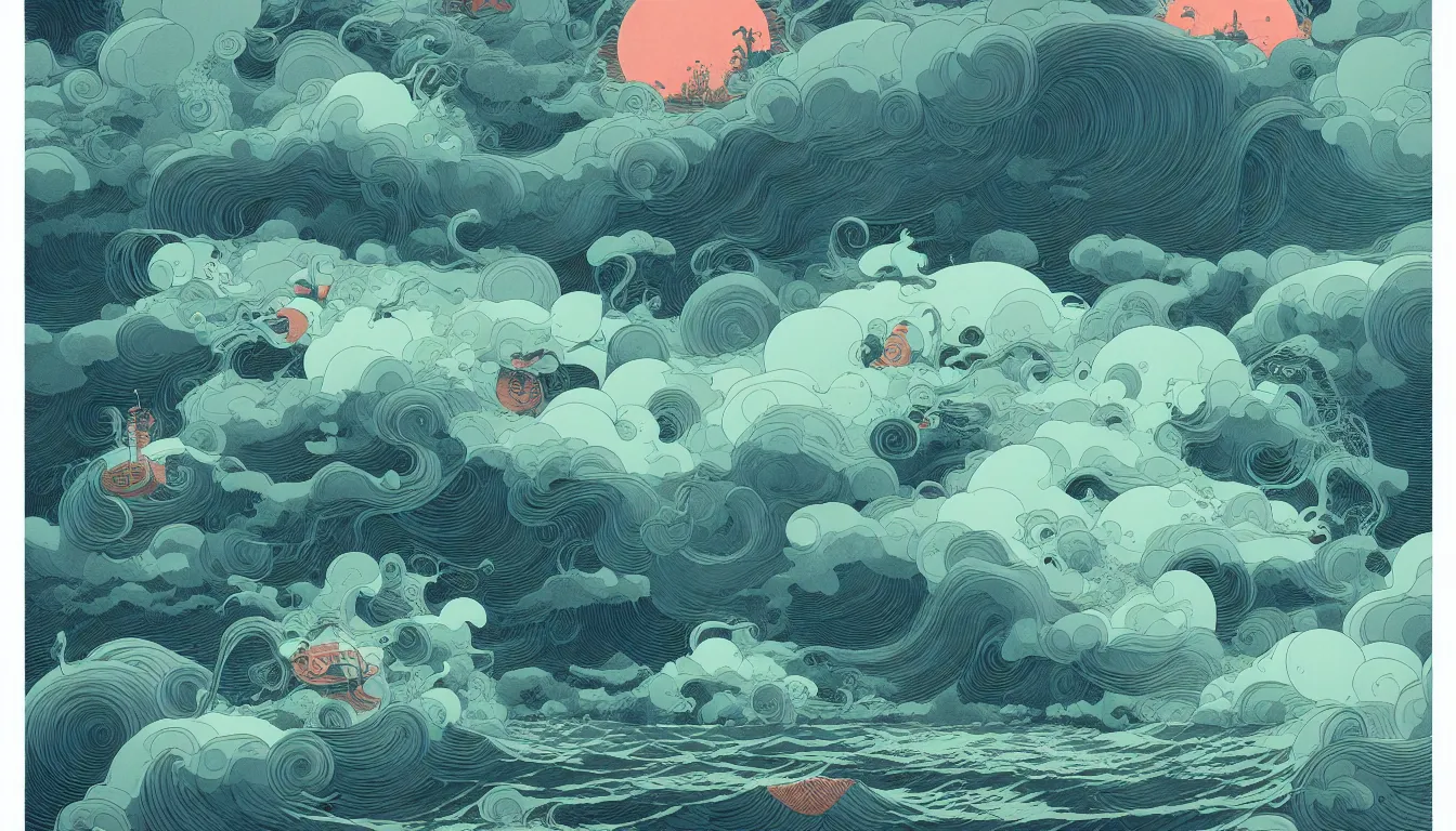 Image similar to storm at sea by balmy enso, jamie hewlett, nicolas delort, moebius, victo ngai, josan gonzalez, kilian eng