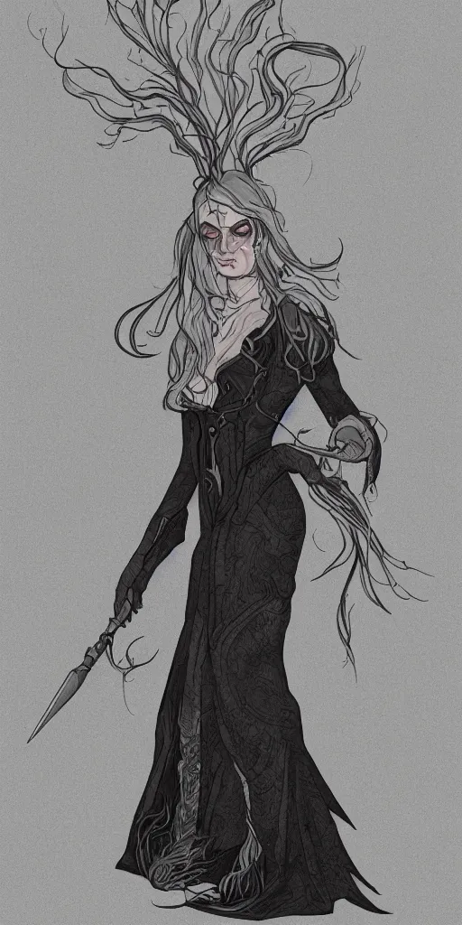 Prompt: illustration of a lady wizard, gloomy, sharp, detailed, 4k, full body