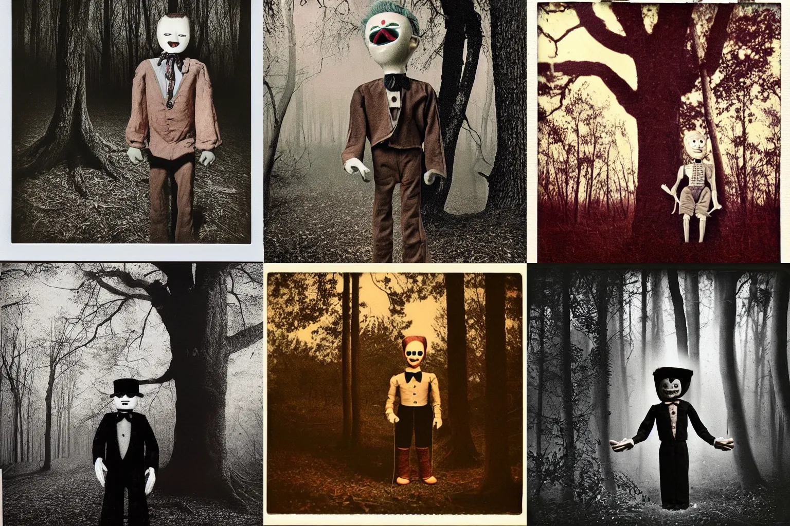 Image similar to A highly detailed masterpiece eerie polaroid of a ventriloquist dummy standing behind a tree in the woods horror, scary, terrifying, horrific, nighttime, dimly lit, creepy hd 4k