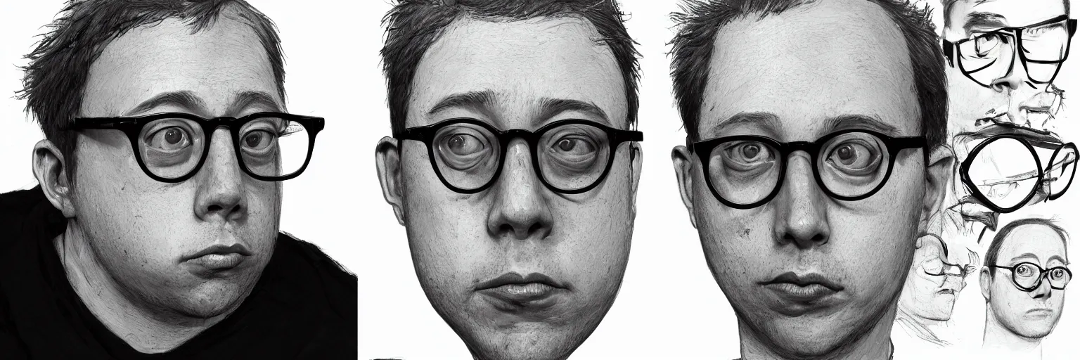 Prompt: character study of todd solondz, clear todd solondz face, male, glasses, geek, character sheet, fine details, concept design, contrast, kim jung gi, greg rutkowski and francis bacon, trending on artstation, 8 k, full body and head, turnaround, front view, back view, ultra wide angle