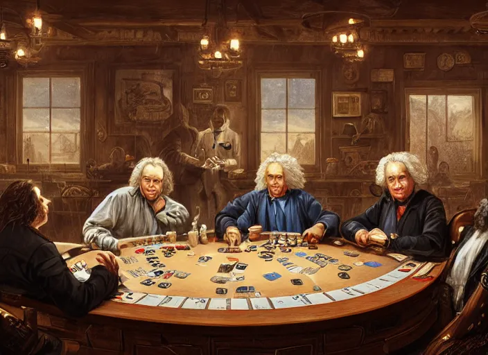 Image similar to family portrait of isaac newton and stephen hawkins and einstein playing poker in an old west saloon, intricate, elegant, highly detailed, centered, digital painting, artstation, concept art, smooth, sharp focus, illustration, art by todd lockwood and donato giancola and greg rutkowski