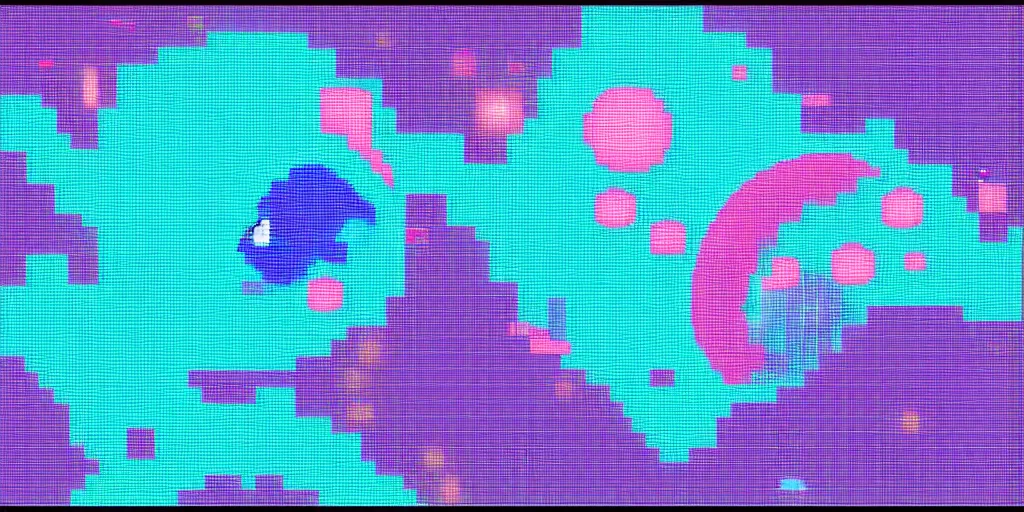 Image similar to cyan blue and pink spaceship in a galaxy, pixelart style