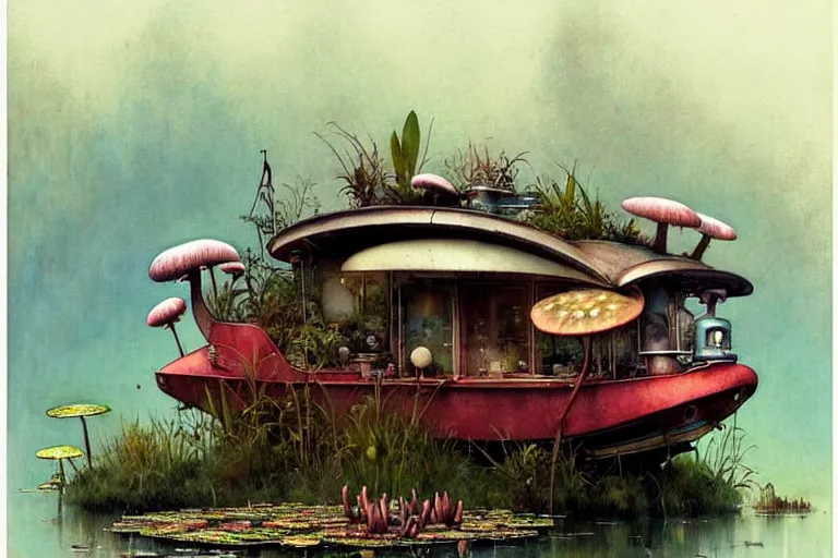 Image similar to adventurer ( ( ( ( ( 1 9 5 0 s retro future robot mouse house boat home. muted colors. swamp mushrooms. water lilies ) ) ) ) ) by jean baptiste monge!!!!!!!!!!!!!!!!!!!!!!!!! chrome red