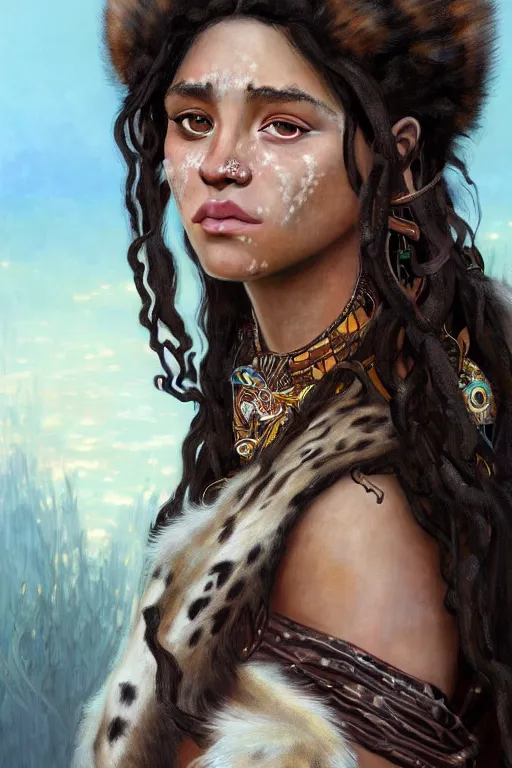 Image similar to portrait of a beautiful young aztec girl with vitiligo, covered in jaguar fur cloths, different colored eyes, curly black and brown hairs, by greg rutkowski and alphonse mucha, d & d character, gradient white to silver, highly detailed portrait, digital painting, artstation, concept art, smooth, sharp focus ilustration, artstation hq