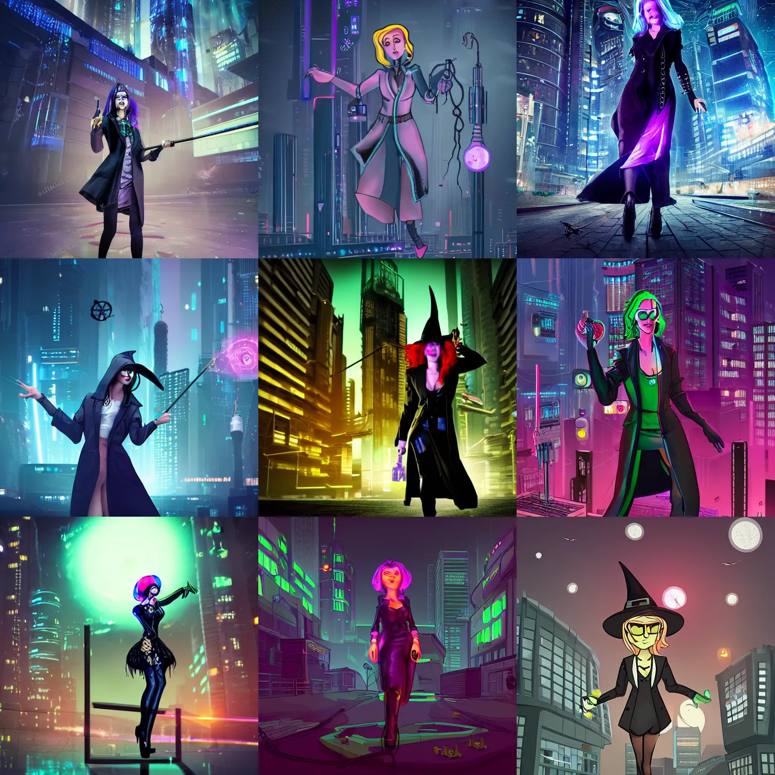 Image similar to cyberpunk witch in lab coat flying on broom in night city