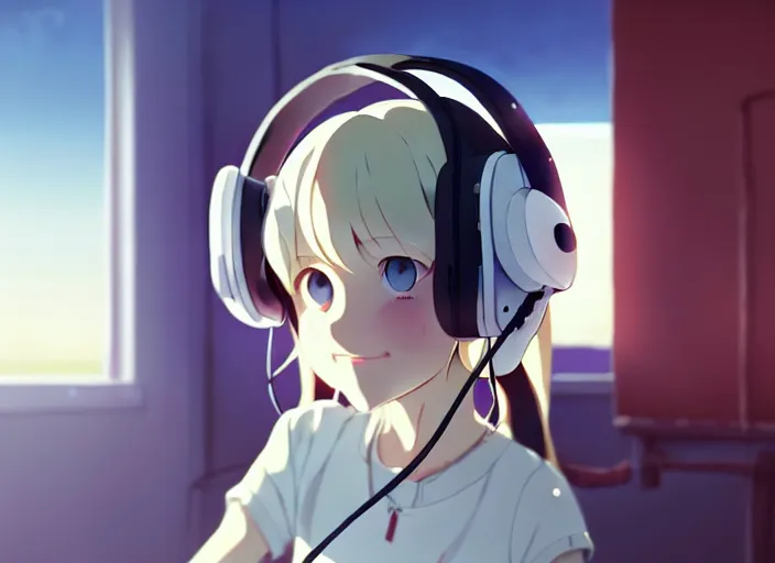 Image similar to a film still portrait of a white long hair red eyed young cute girl wearing a headset in a room interior, closeup, perfect art, gapmoe, trending on pixiv fanbox, painted by makoto shinkai takashi takeuchi studio gibli yoh yoshinari, kuvshinov ilya, 4 k