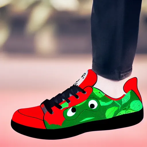 Prompt: green frog dressed in red sneakers, tropical forest, photorealistic