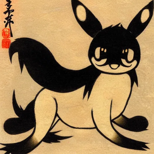 Image similar to Umbreon from pokemon in Japanese artstyle, nihonga, old Japanese art