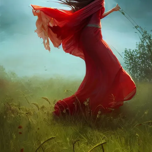 Image similar to a woman with long hair and with red long dress balancing with wind on a lawn, with weeds and some trees, highly detailed, illustration, fantasy art, in the style of greg rutkowski, epic, fantasy, intricate, hyper detailed, artstation, concept art, smooth, sharp focus, ray tracing