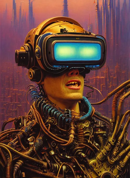 Prompt: junky god, cybertronic gadgets and vr helmet, durty colours, rotten textures, rusty shapes, biotechnology, tim hildebrandt, wayne barlow, bruce pennington, donato giancola, larry elmore, oil on canvas, masterpiece, trending on artstation, featured on pixiv, cinematic composition, hyper - detailed, hd, hdr, 4 k, 8 k