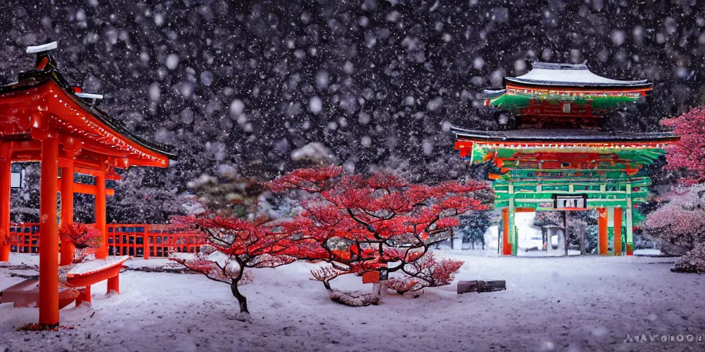 Image similar to a Japanese shrine, snowing, photograph, cyberpunk, sharp focus, intricate detail, drone shot, high resolution, 8k, neon streetlights, wires hanging down everywhere, Japan, colourful,,