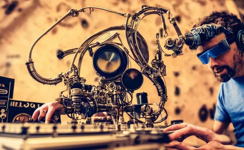 Image similar to a person wearing goggles and visor and headphones using a steampunk record player contraption, wires and tubes, turntablism dj scratching, intricate planetary gears, complex, cinematix, imax, sharp focus