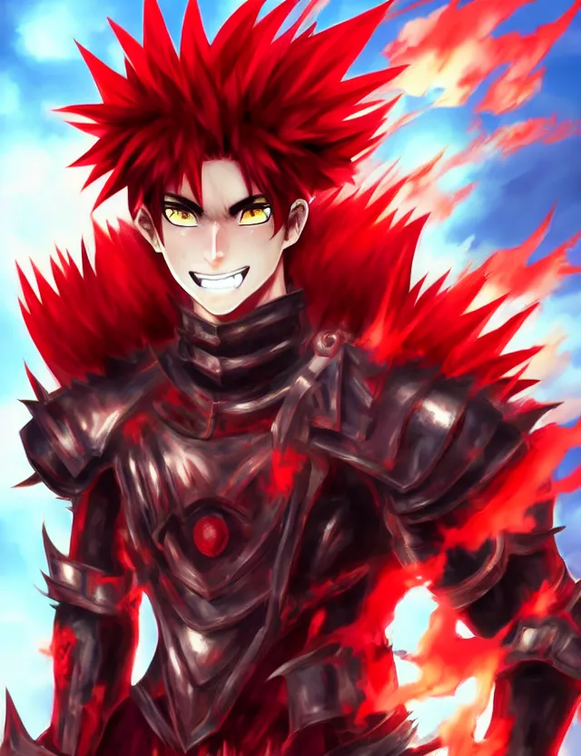 Prompt: a detailed manga portrait of an attractive tall boy with spiked crimson hair and a menacing smile in fiery crimson crystalline armour, trending on artstation, digital art, 4 k resolution, detailed, high quality, sharp focus, hq artwork, coherent, insane detail, character portrait