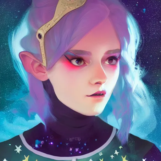 Image similar to a nonbinary changeling wearing a starry cloak, aurora colored hair, starry eyes, curious expression, character art, trending on artstation, artgerm, 4k ultra hd, sharp focus, digital art by Ilya Kuvshinov and Ross Tran,