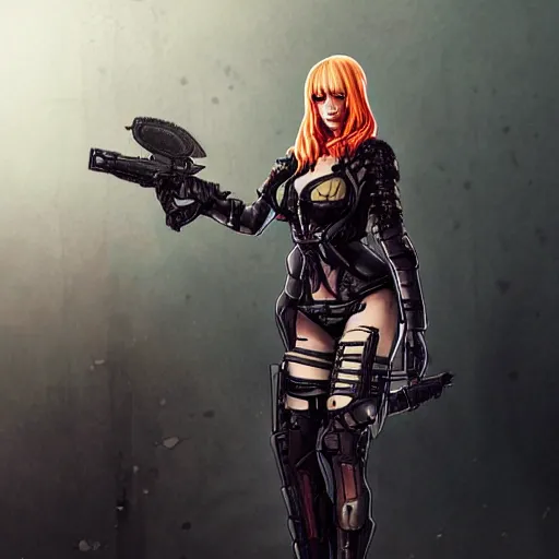 Prompt: full body Sakimichan illustration of christina hendricks as a cyberpunk warrior with weapons by Sakimichan trending on Deviantart