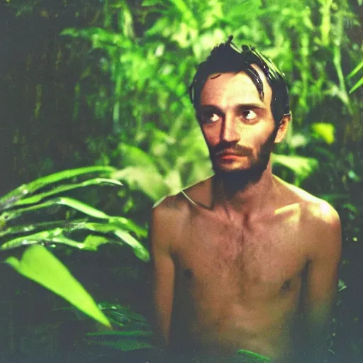 Prompt: portrait of a mad high guy on drugs in the middle of a blue jungle at night in rain photographed by Andrej Tarkovsky, kodak 5247 stock