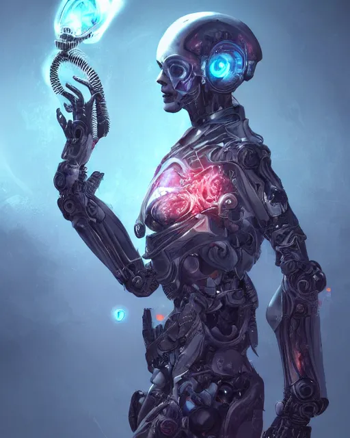 Image similar to benevolent android necromancer, aura of light, artificial intelligence, scifi, futuristic, highly detailed, trending on artstation, advanced technology, art by vitaly bulgarov