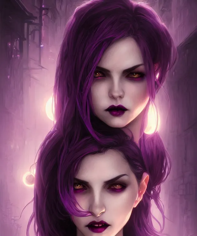 Image similar to Beautiful female vampire mother and daughter, eastern european origin, sci-fi, pink eyes, face, black and purple hair, fantasy, intricate, elegant, new york alleyway, moonlit, highly detailed, digital painting, artstation, concept art, smooth, sharp focus, illustration, art by artgerm and greg rutkowski and alphonse mucha