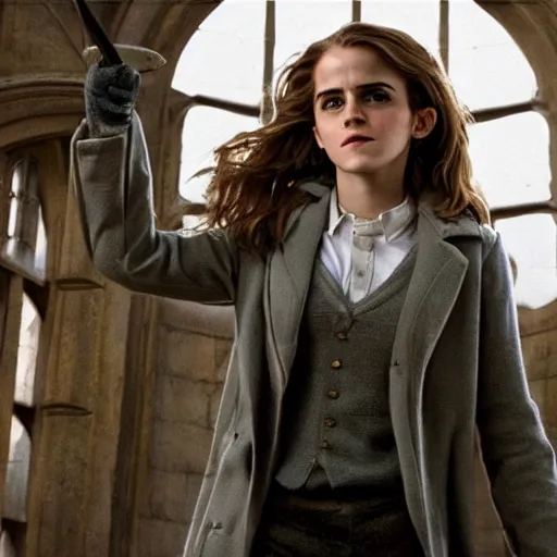 Image similar to Photo of Emma Watson as Hermione Granger on top of a tank in Hogwarts