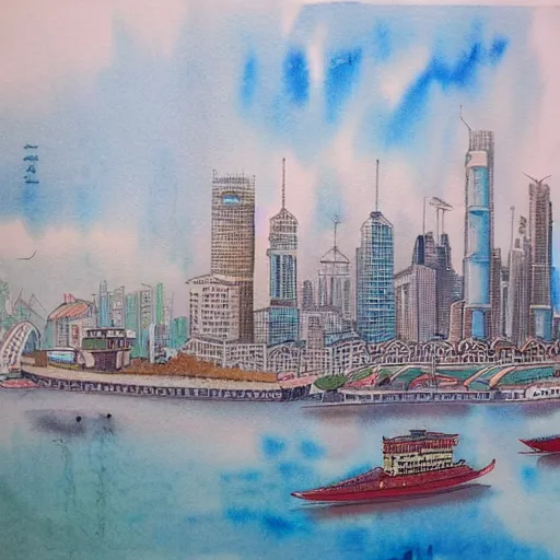 Prompt: city of shanghai, chinese watercolor