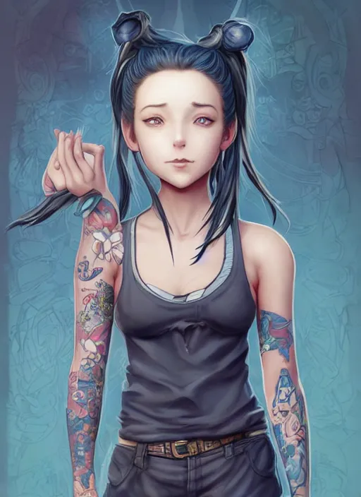 Prompt: character portrait of a female anthropmophic pig with a pigtail. She has a cute beautiful attractive detailed pig snout face wearing a tanktop and slacks standing outside a city tattoo parlor with arm tattoos. Character design by charlie bowater, ross tran, artgerm, and makoto shinkai, detailed, inked, western comic book art