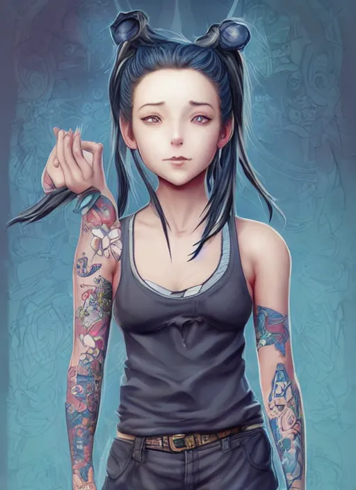 Image similar to character portrait of a female anthropmophic pig with a pigtail. She has a cute beautiful attractive detailed pig snout face wearing a tanktop and slacks standing outside a city tattoo parlor with arm tattoos. Character design by charlie bowater, ross tran, artgerm, and makoto shinkai, detailed, inked, western comic book art