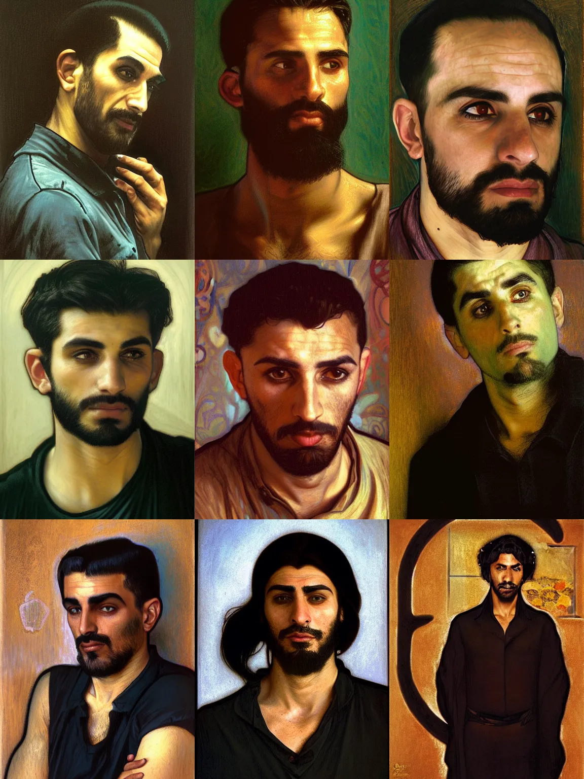 Prompt: portrait of a modern middle-eastern man wearing a dark shirt, upper body 2d game avatar, Donato Giancola, Kodak film stock, chiaroscuro lighting, default pose neutral expression, expressionist colour, face-on head shot, close-up, eye-contact, sharp focus, shape language, Alphonse Mucha/Gustav Klimt style, alpha masked transparent flat grey background, 4k, volumetric lighting, French Nouveau, trending on artstation, octane render, ultra detailed, hyperrealistic