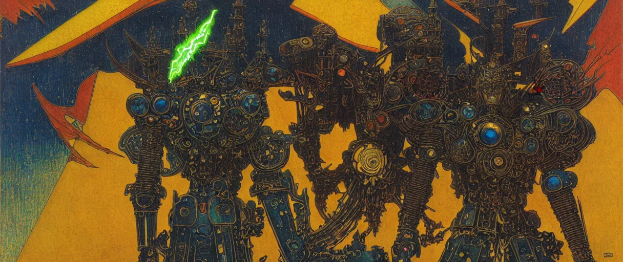 Prompt: composition of gothic and futuristic, warhammer, cyber japan armor, more and more scars, thunderstorm, orange head, some yellow green and blue, the middle ages, highly detailed, artstation, in the style of moebius, jugendstil and classic japanese print, art by max ernst and gustav klimt, compositon by jean delville