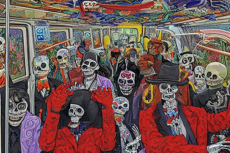 Image similar to scene from interior of a subway car, lunch, day of all the dead, skeletons, artwork by jean giraud