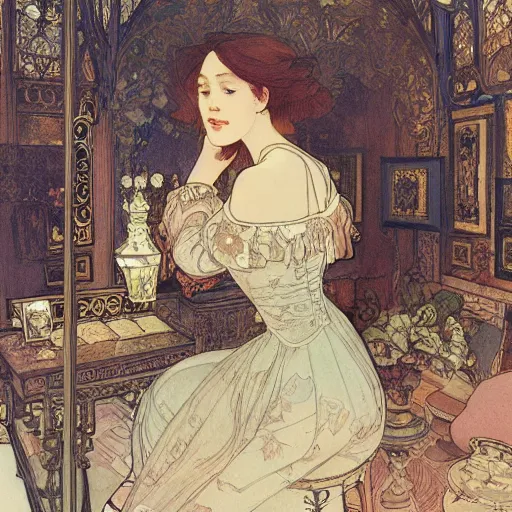 Prompt: a beautiful intricate watercolor illustration of a victorian dressing room, 4 k, ultra - wide angle, by william turner, by victo ngai, by alphonse mucha, by miho hirano, hd, trending on artstation, hyper detailed, muted colors