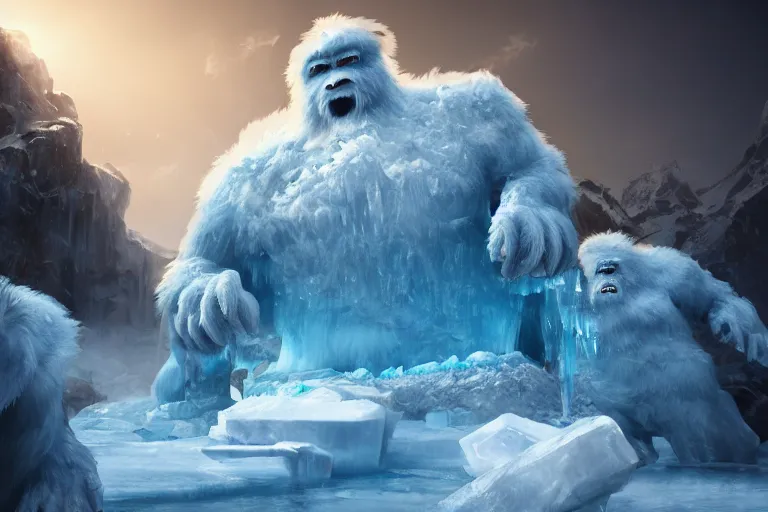 Image similar to a group of tourists discover a shy yeti behind blocks of ice, concept art, digital painting, trending on artstation, deviantart, highly detailed, perfect composition, dramatic lighting, sharp focus, 8 k uhd