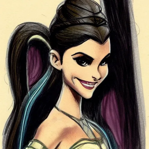 Image similar to milt kahl sketch of victoria justice with done up hair, tendrils covering face and ponytail as princess padme from star wars episode 3