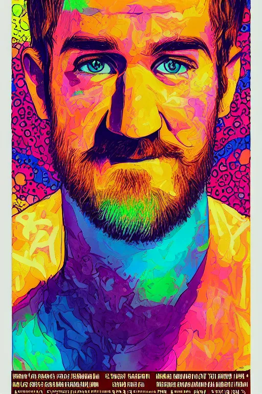 Image similar to inspirational style hope poster of bo burnham with beard, psychedelic colors, highly detailed, realistic, loving