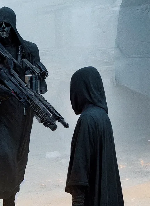 Image similar to dark figure wearing black robe tactical carrying AR-15 hooded polished gold skull cyberpunk 2077 bladerunner 2049 movie still (2017) Wayne Barlowe and Greg Rutkowski