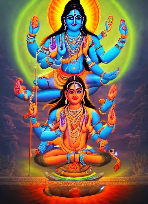 Prompt: digital visionary painting, hindu art, masterpiece, lord shiva creates the world with his primordial om, realistic, highly detailed, post produced, realistic, octane render, glowing colors